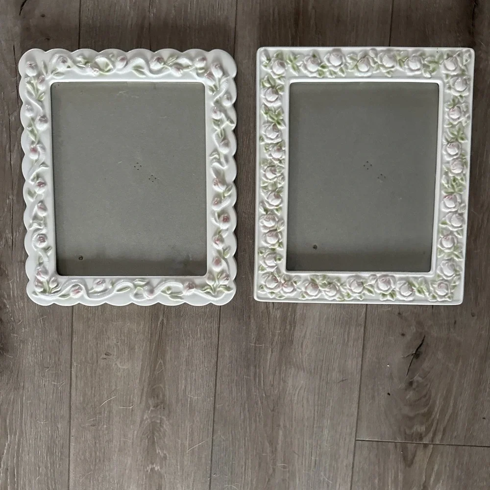 Vintage 3D Pink Roses Shabby Chic Ceramic Picture Frame White Wall‎ Plaque Large
